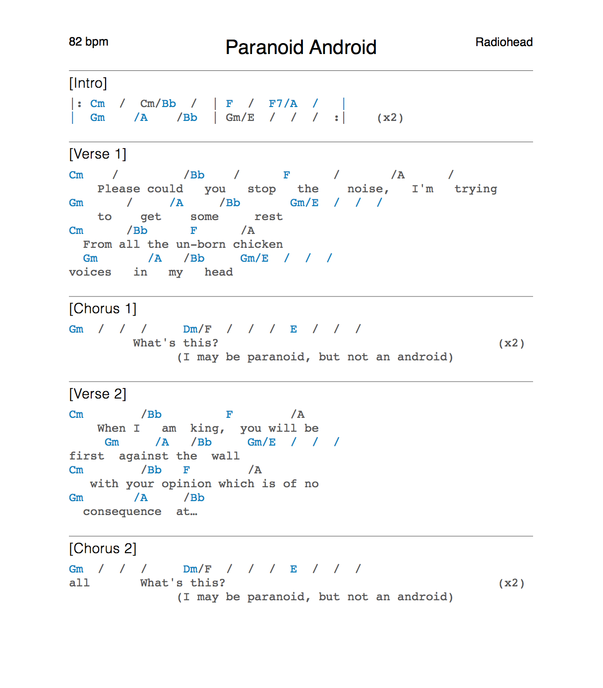 Radiohead paranoid android bass tab